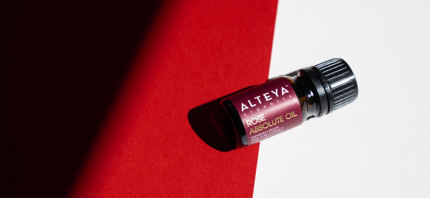 A luxurious bottle of fragrant Rose Absolute Oil - 100% Pure infused with Bulgarian Rose Absolute, delicately placed on a vibrant red surface.