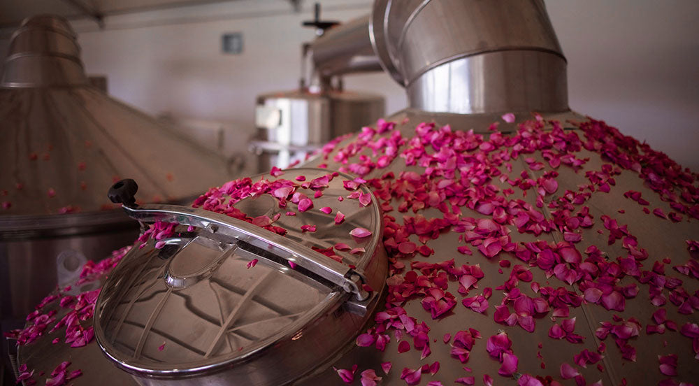 A brewery adorned with pink petals of the Bulgarian rose.