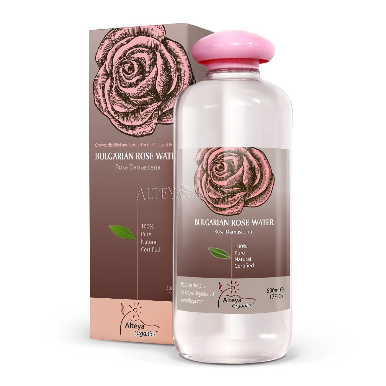 A bottle of Natural Bulgarian Rose Water - 500ml, a natural and pure product, in front of a box.